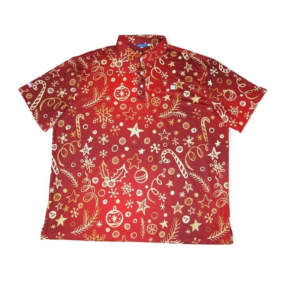 HRESKI Golden Christmas Holiday Golf Polo Shirt Men's XXL Red‎ / Gold